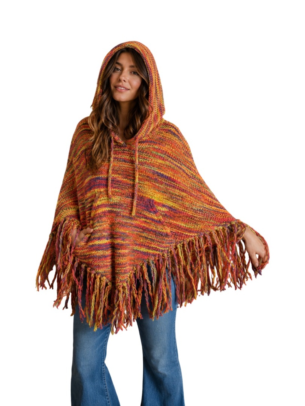 Lucky Brand Orange Multicolor Boho, Fringed Knit Hooded Poncho